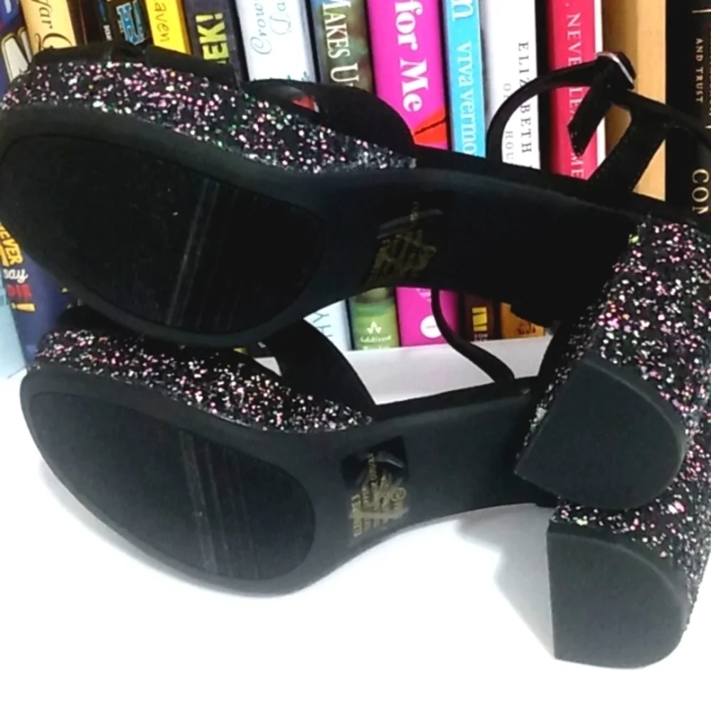 JELLYPOP BLACK STRAPPY PLATFORM GLITTER SPARKLE ANKLE STRAP HEELS SIZE 8.5 NWT